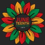 The Priest & the Prof Illustration of a flower with red, yellow and green petals. In the center, the words "Juneteenth, Freedom Day, June 19" are written.