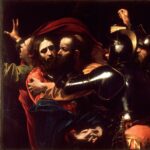 Photograph of The Taking of Christ by Caraveggio. It depicts Judas kissing Jesus as Roman soldiers prepare to arrest him.