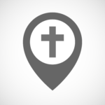 Illustration of a GPS style location marker with a cross in it.