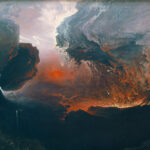 Photograph of part of "The Great Day of His Wrath" by John Martin (1851-3). It depicts dark clouds over a landscape with fire in the background.