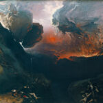 Photograph of part of "The Great Day of His Wrath" by John Martin (1851-3). It depicts dark clouds over a landscape with fire in the background.